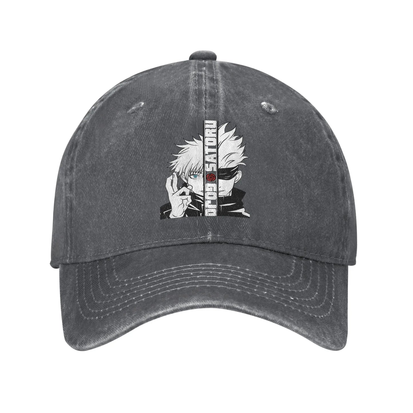 Casquette gris vintage avec visière courbée et motif Gojo yeux bleus brodé au centre