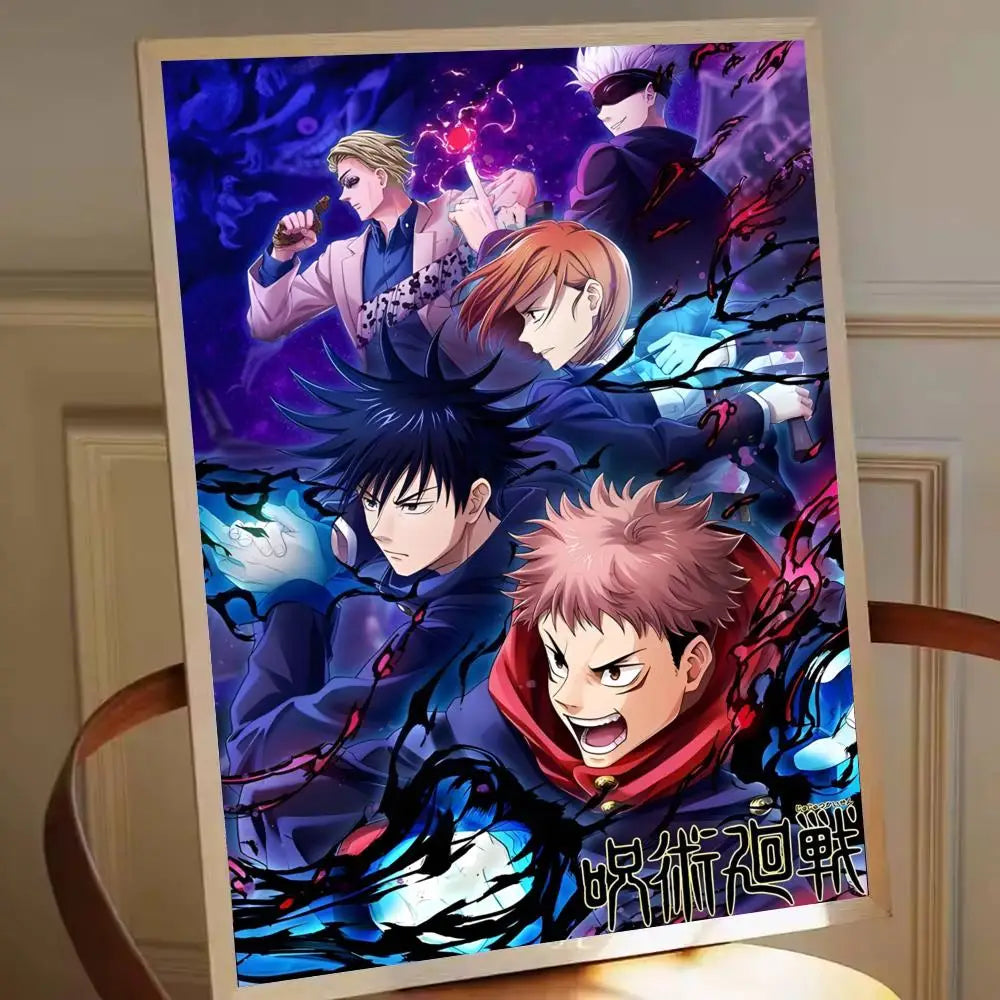 Affiche Jujutsu Kaisen avec plusieurs personnages en uniforme, style anime, fond sombre violet.