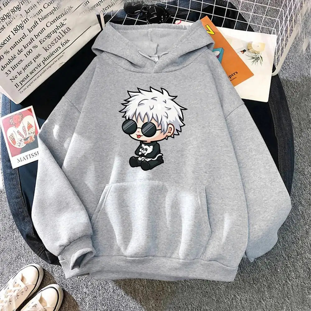 Hoodie gris à capuche, motif manga du personnage aux lunettes au centre