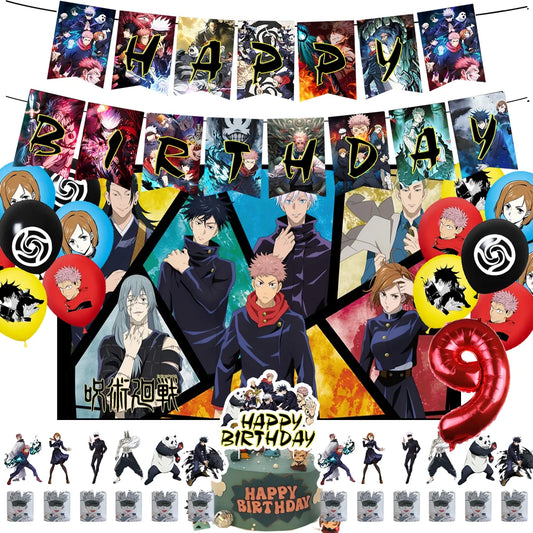 Décoration anniversaire Jujutsu Kaisen : banderoles, ballons et fond Happy Birthday