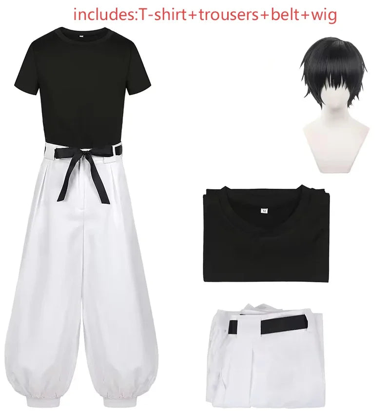 Costume Jujutsu Kaisen Toji Fushiguro: t-shirt noir, pantalon blanc ample, ceinture noire.