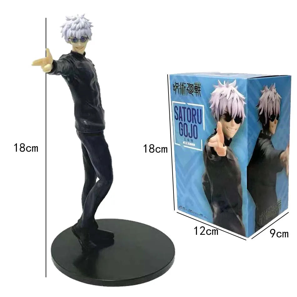 Figurine Gojo Satoru debout sur socle rond, pose pistolet, avec boîte de 18 cm