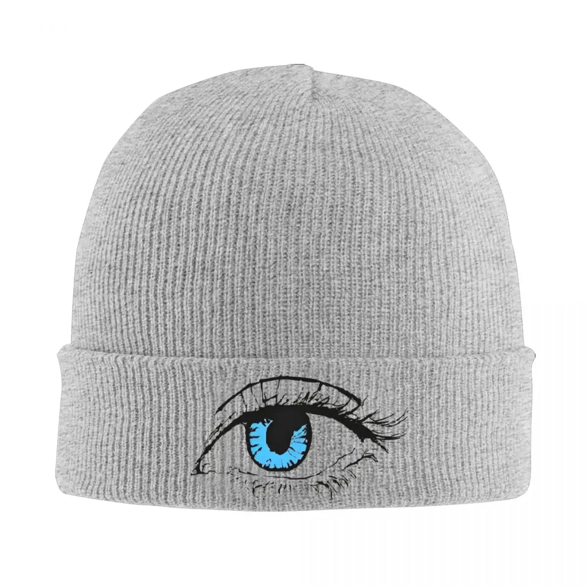 Bonnet gris en maille côtelée avec grand œil bleu brodé
