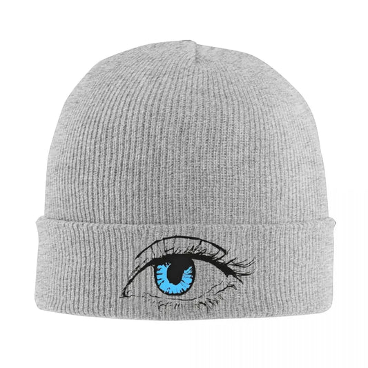 Bonnet gris en maille côtelée avec grand œil bleu brodé
