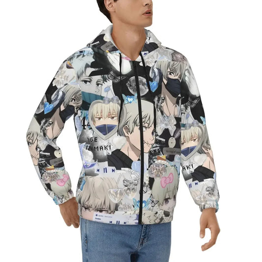 Veste à capuche zippée, imprimé Toge Inumaki, manches longues, col noir contrasté