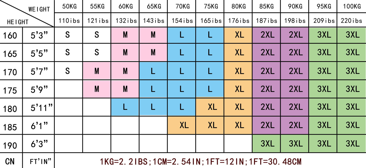 T-shirt size chart table: S to 3XL with height and weight ranges