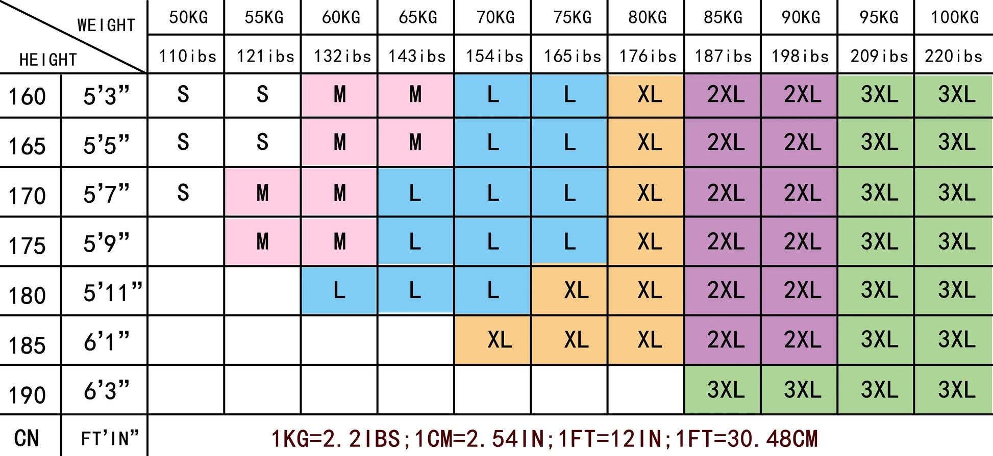 T-shirt size chart table: S to 3XL with height and weight ranges