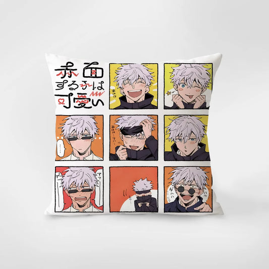 Coussin carré en mosaïque rouge avec portraits manga sur fond blanc