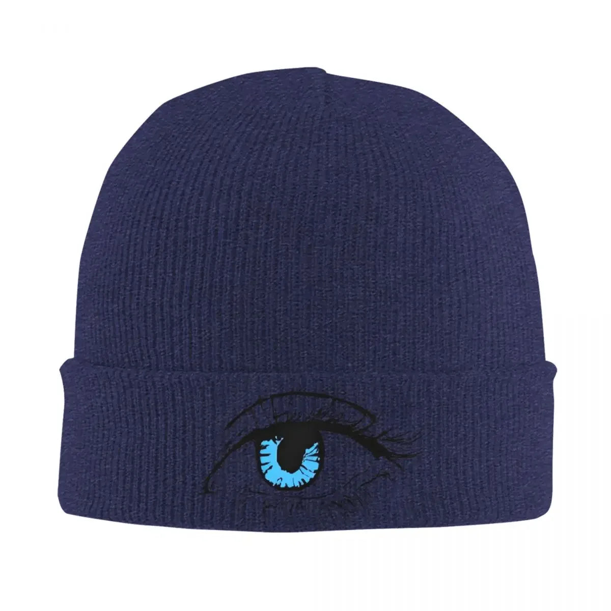 Bonnet bleu foncé en maille côtelée, œil bleu au revers