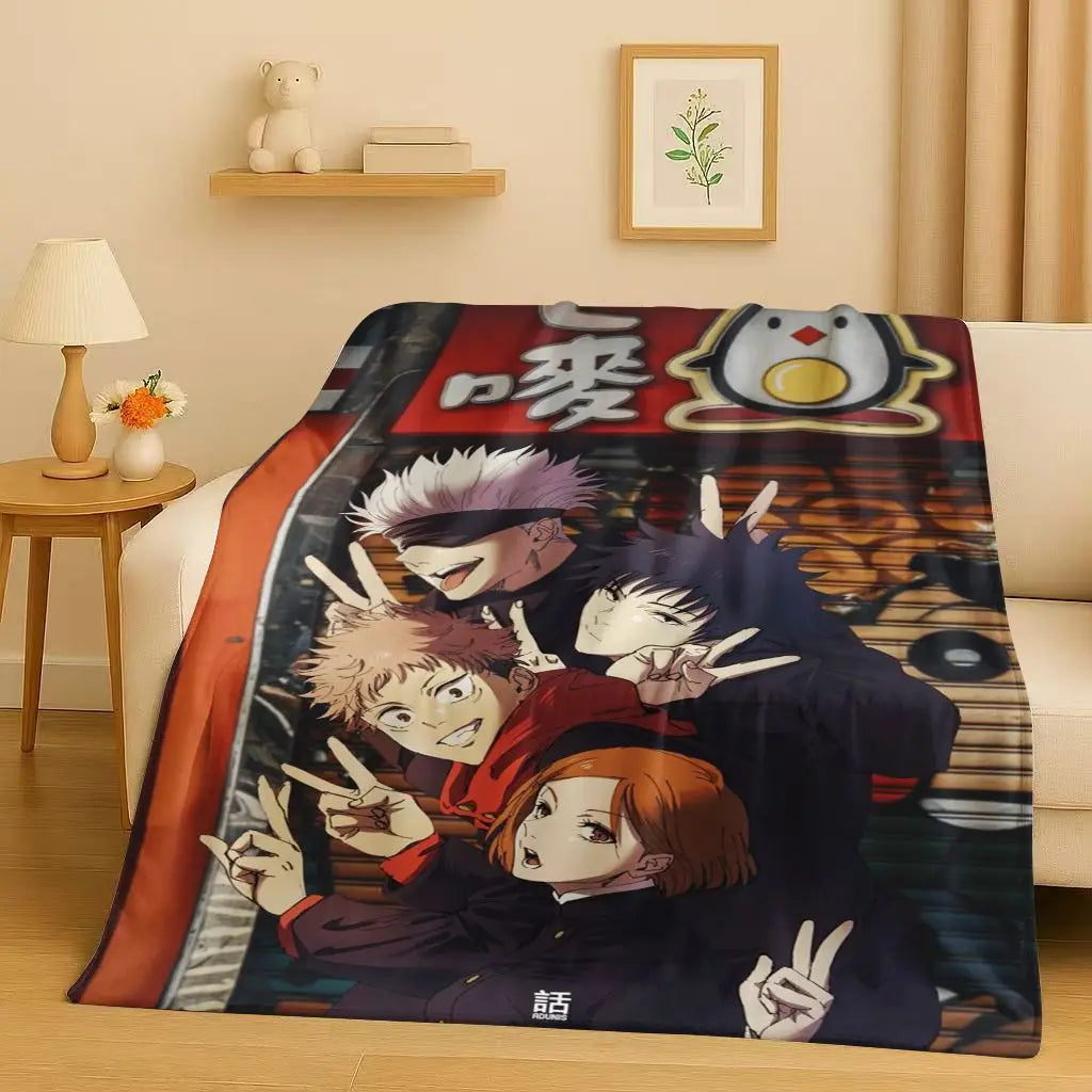 Plaid rectangulaire à motifs d’anime, fond sombre rouge et noir avec personnages