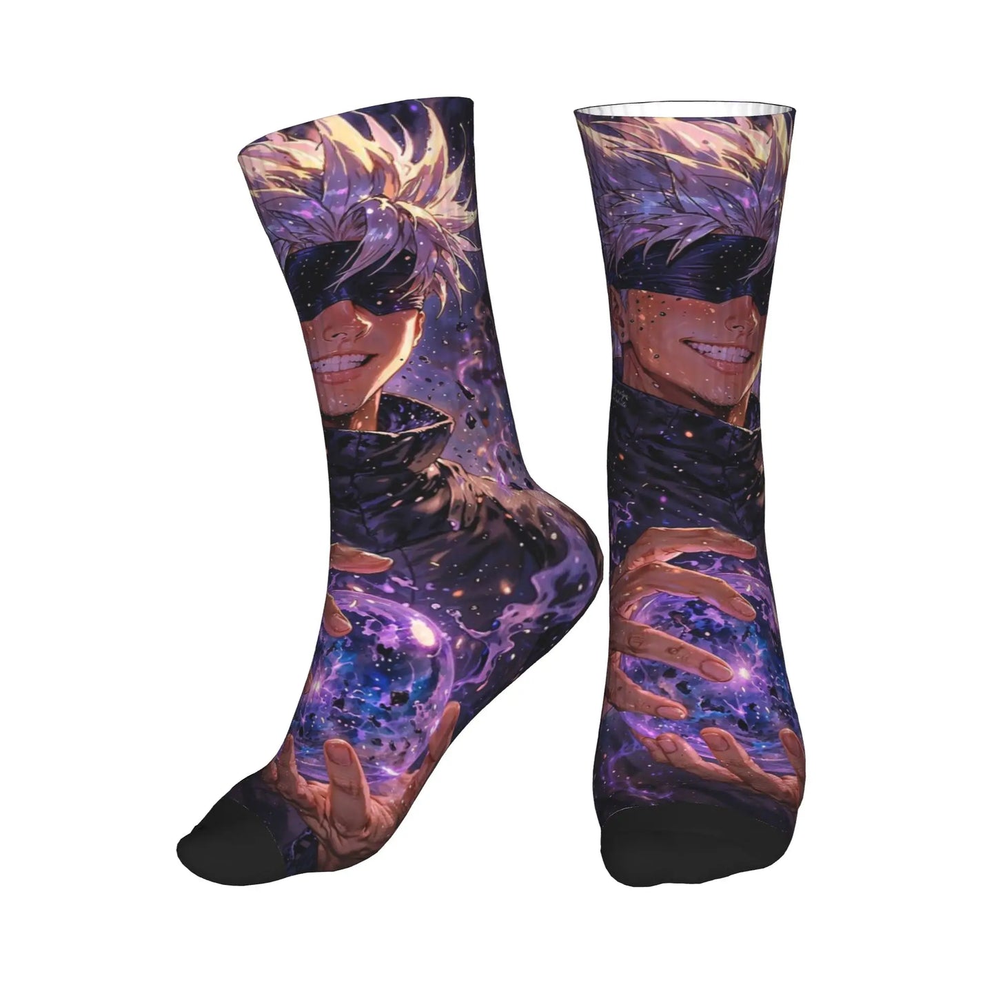 Chaussettes hautes violettes motif animé, visage souriant et cheveux, semelle noire