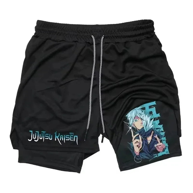 Short noir à cordon, logo Jujutsu Kaisen vert et illustration bleue sur la jambe