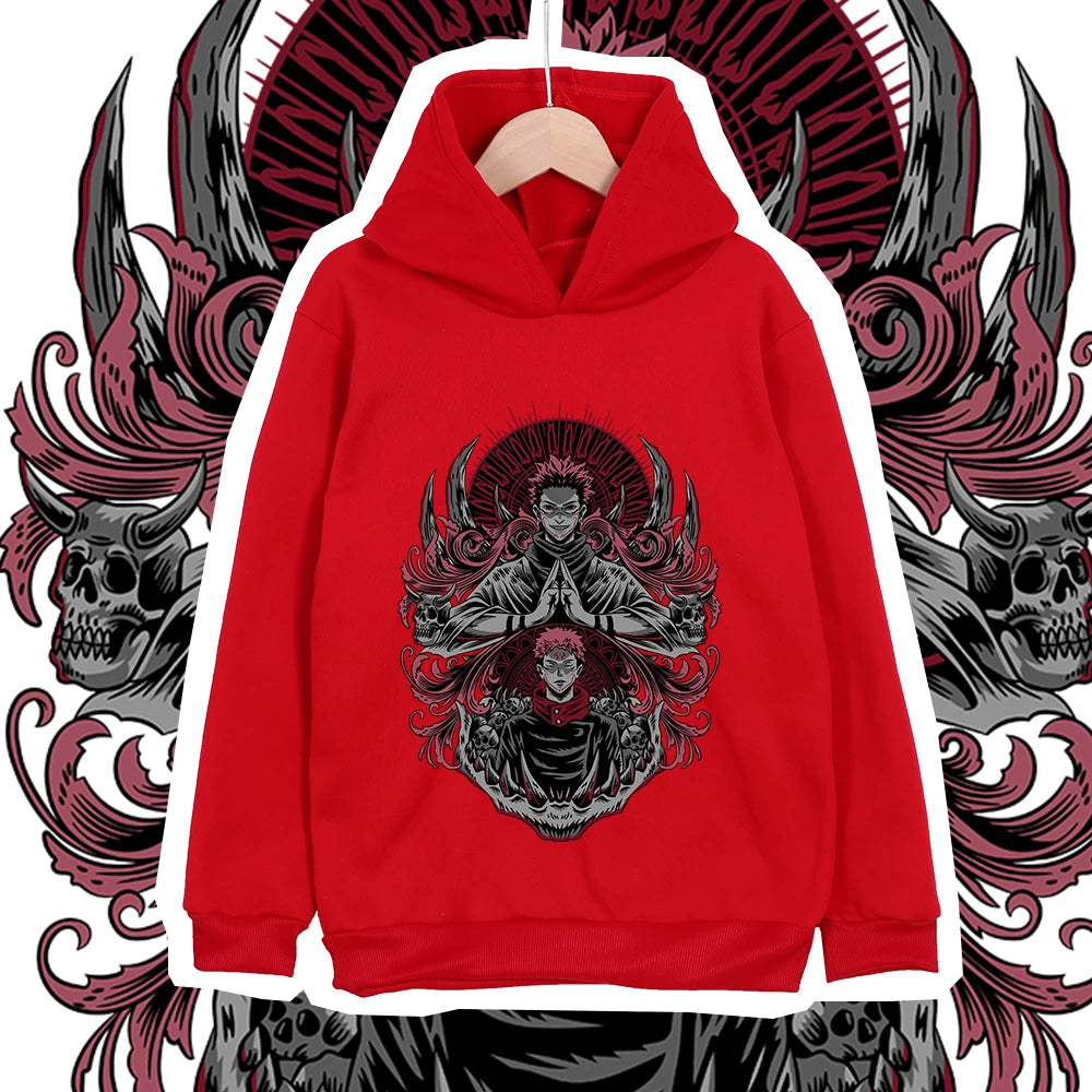 Hoodie rouge à capuche, grand motif Jujutsu Kaisen rouge/noir sur la poitrine