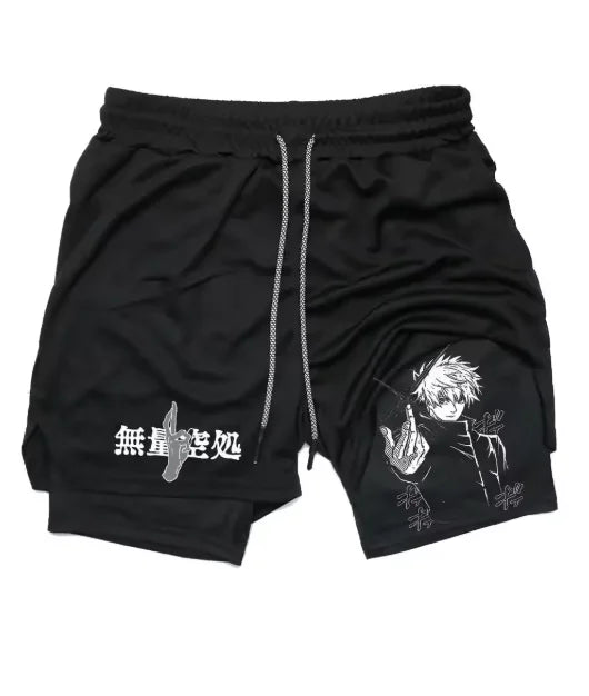 Black drawstring shorts with white character graphic on the leg