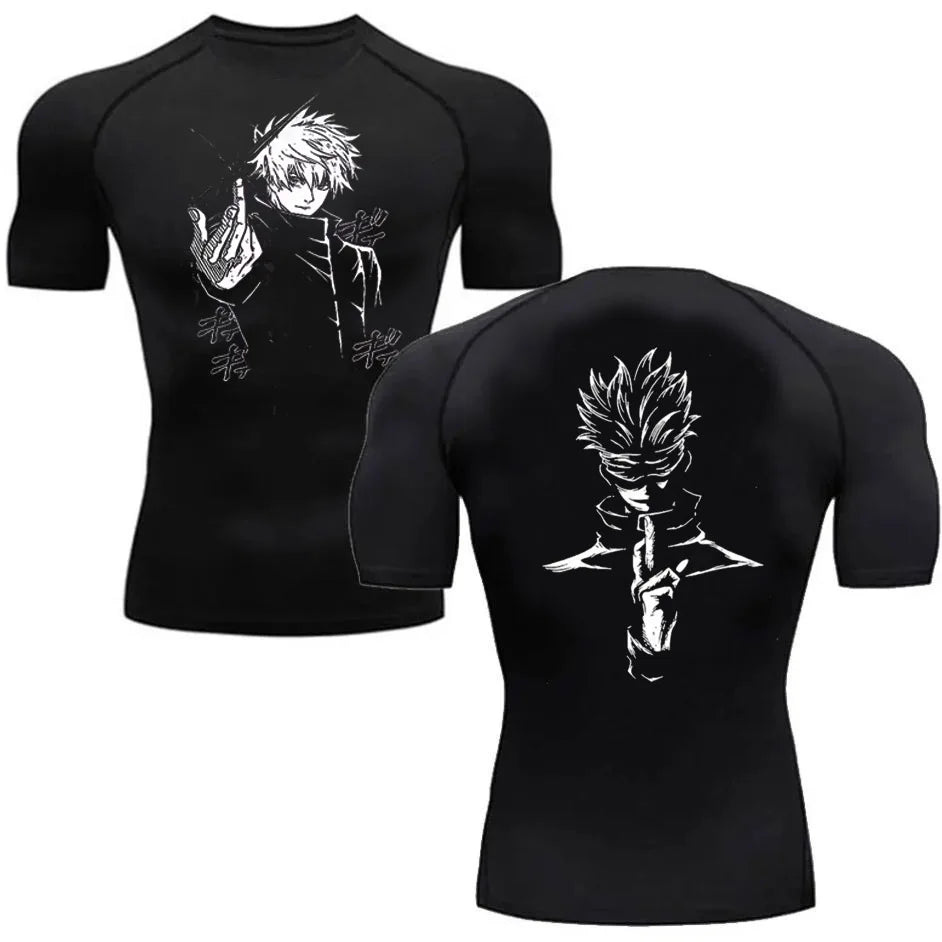 Black compression T-shirt with white character graphic, short sleeves