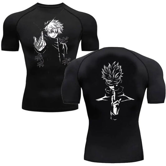 Black compression T-shirt with white character graphic, short sleeves