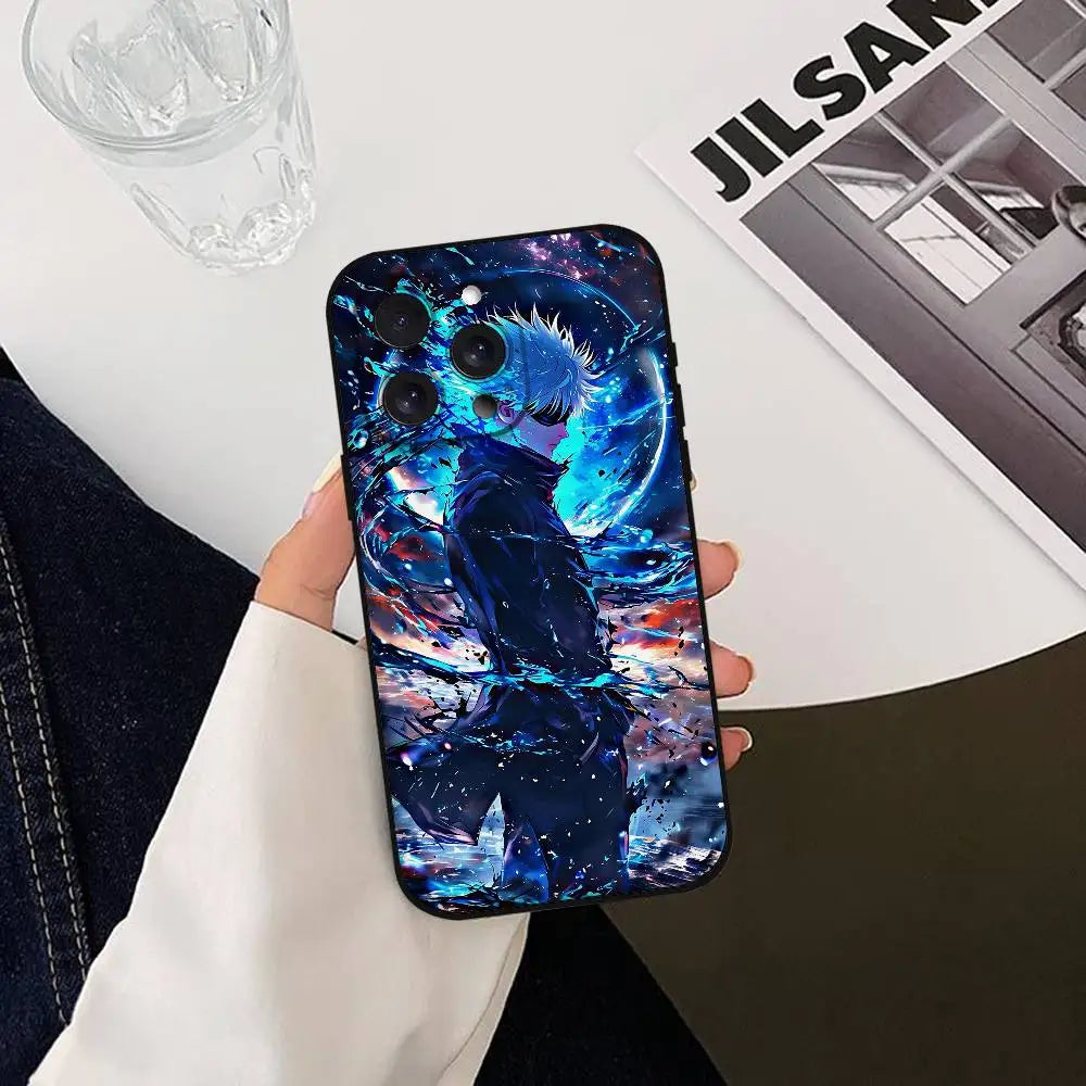 Coque iPhone bleu glacé avec illustration anime et contours protection caméras
