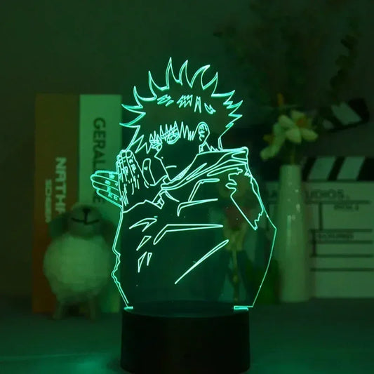 Lampe LED de personnage Megumi Fushiguro, silhouette lumineuse verte sur socle noir.