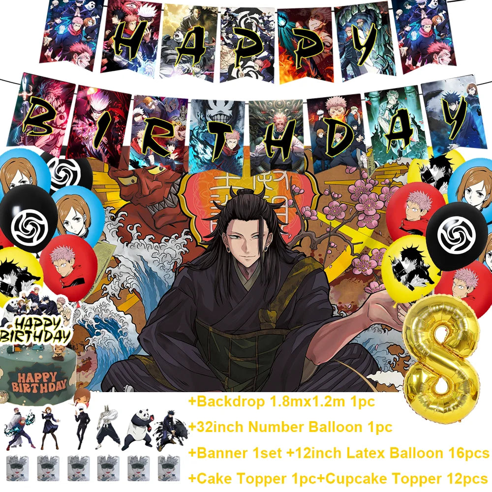 Kit anniversaire Jujutsu Kaisen avec bannière et ballon doré en forme de 9