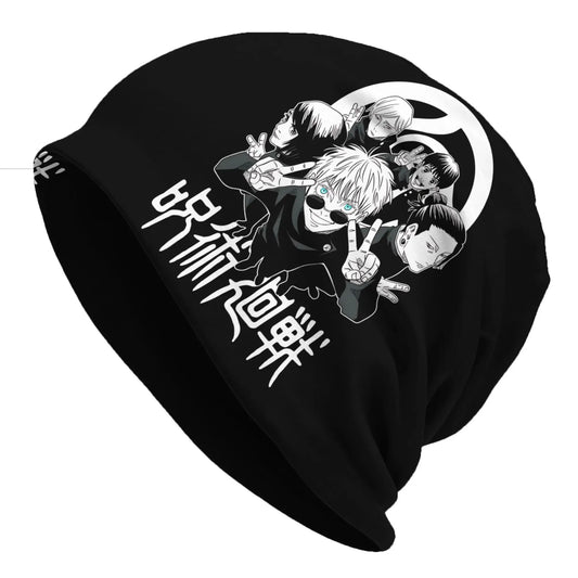 Bonnet noir à logo Jujutsu Kaisen, visuels manga monochromes sur le côté