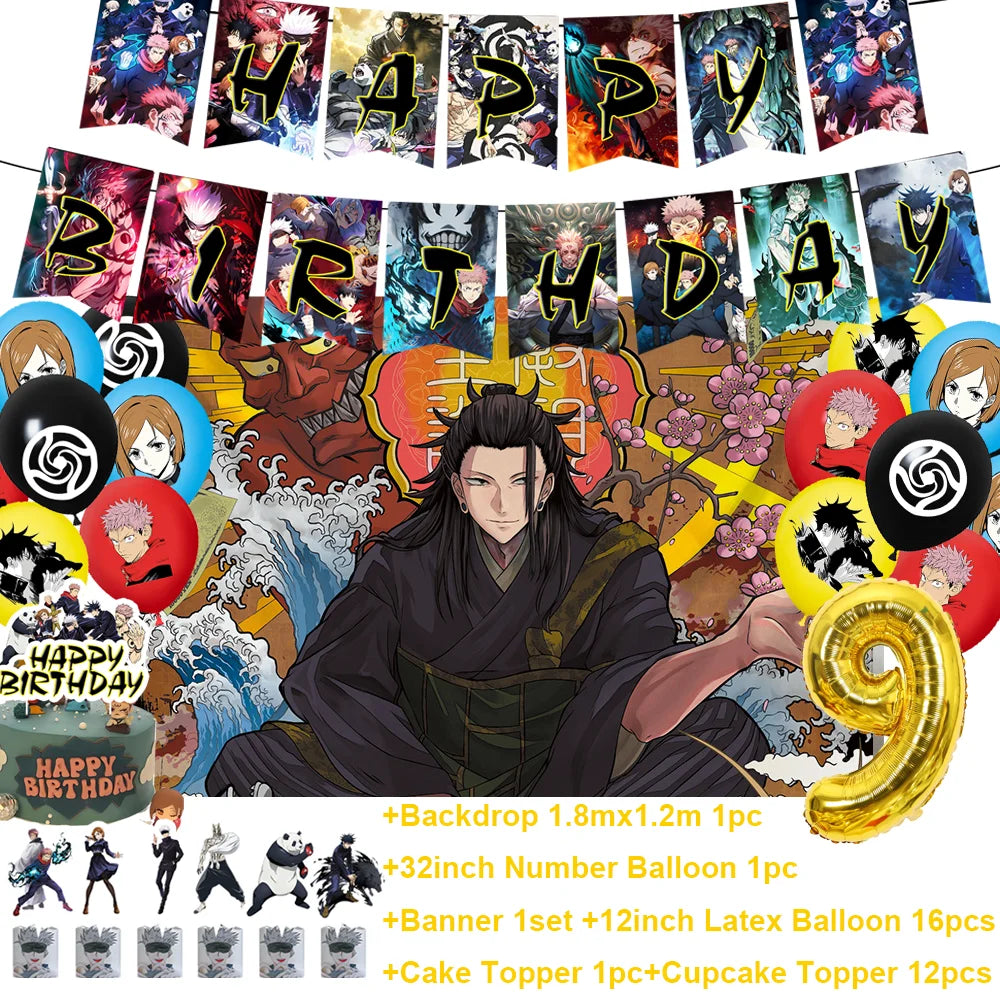Kit anniversaire Jujutsu Kaisen avec ballon doré 9 et ballons ronds noir, jaune et rouge