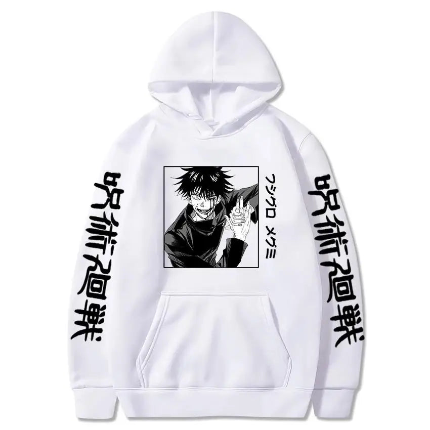 Hoodie blanc à capuche avec imprimé Megumi Fushiguro sur le devant