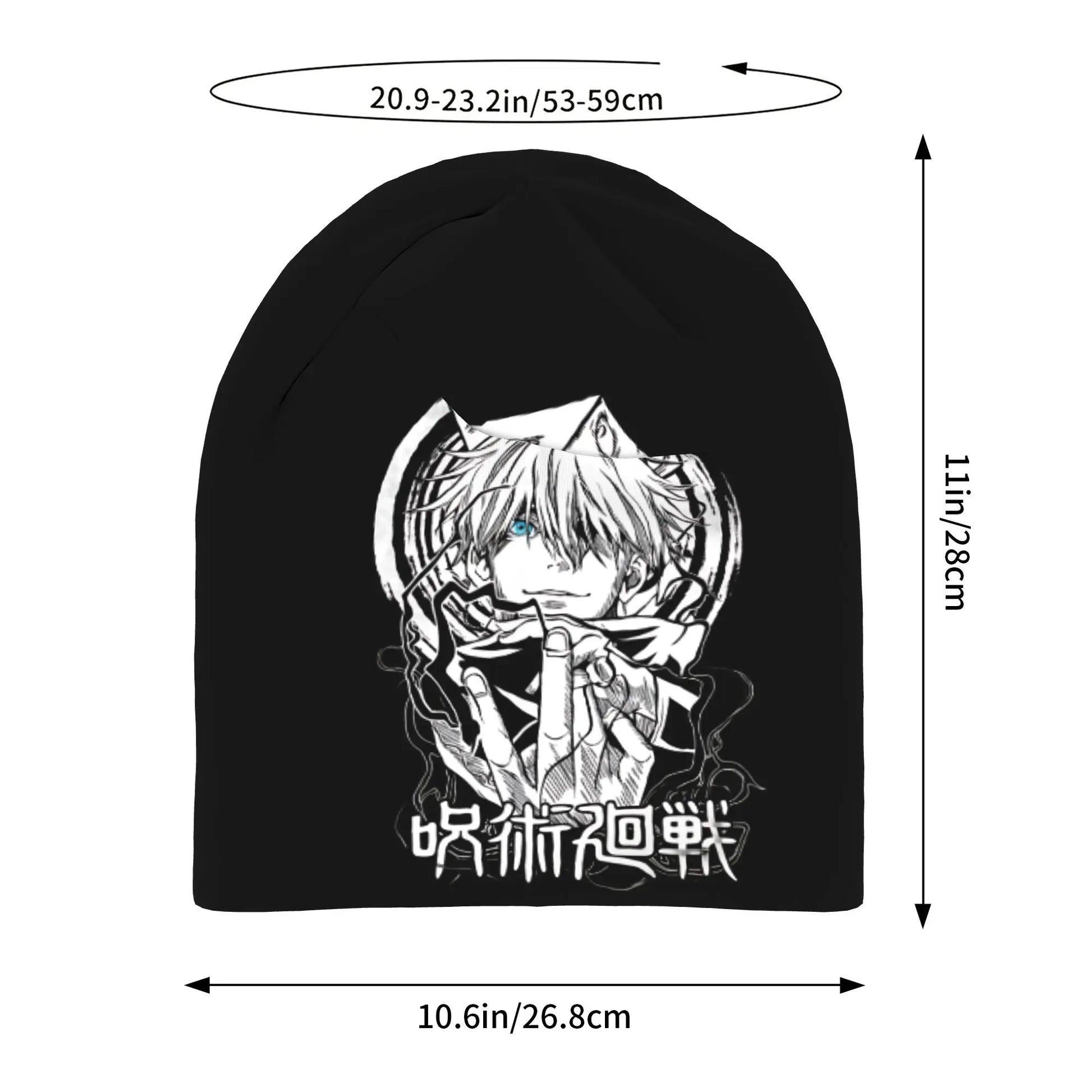 Black beanie front design with Gojo Satoru scarfed character and sword-like icon