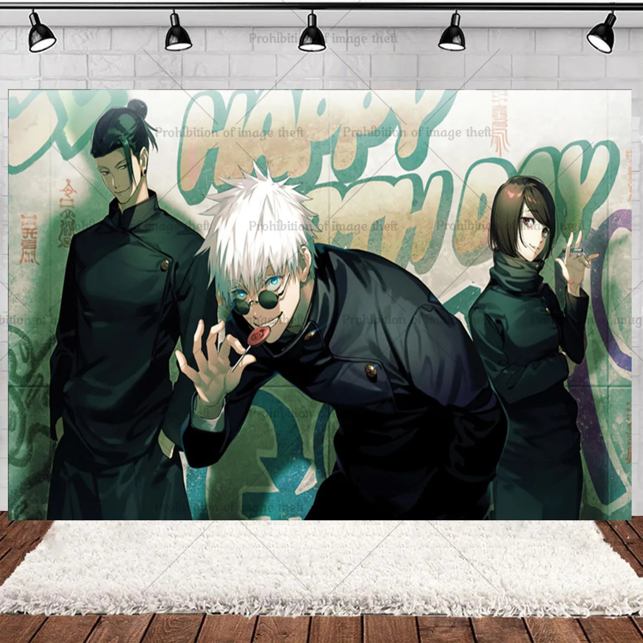 Bannière d’anniversaire Jujutsu Kaisen verte avec trois personnages en tenues sombres