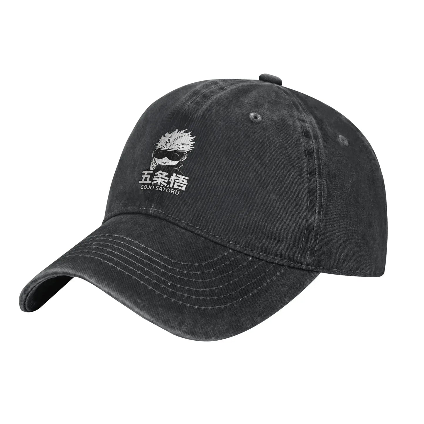 Casquette noire délavée, broderie Gojo sur le côté et coutures de la visière