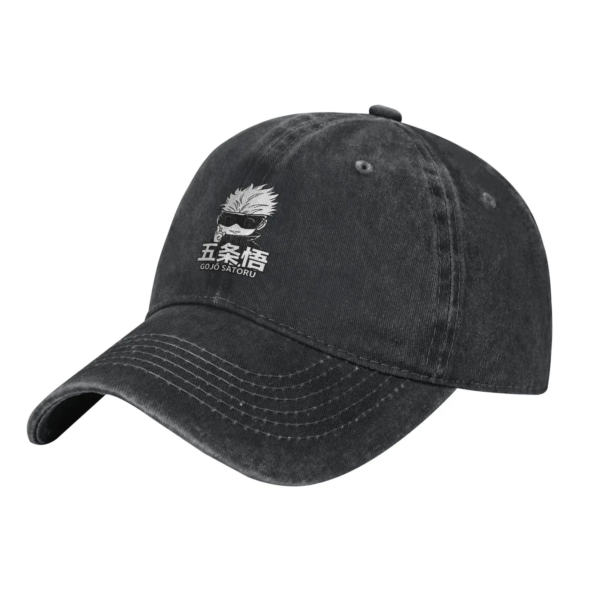 Casquette noire délavée, broderie Gojo sur le côté et coutures de la visière