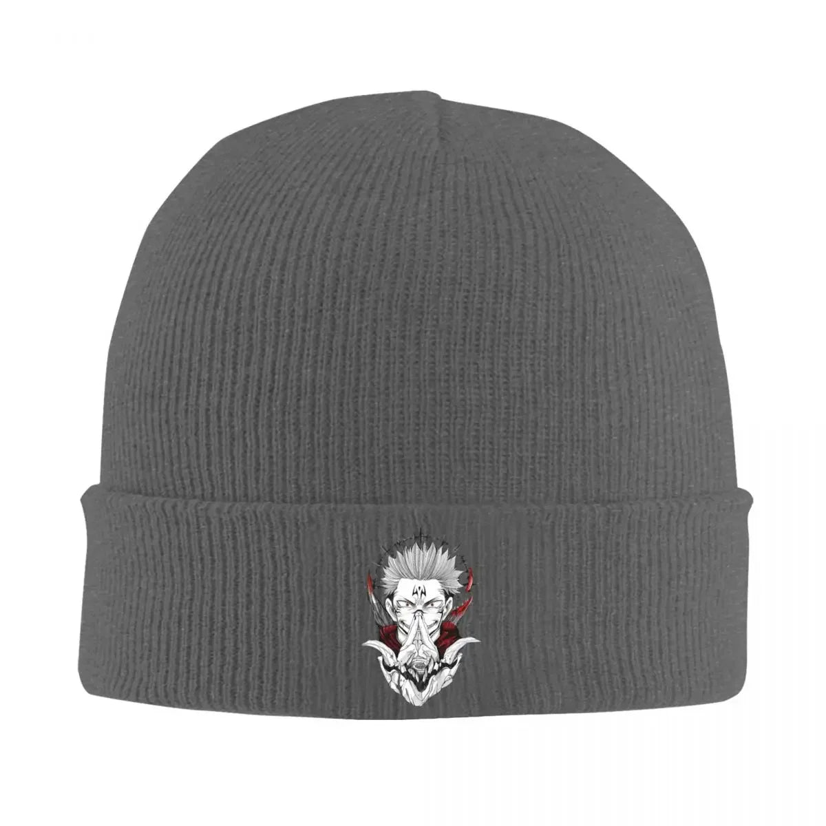 Bonnet en maille gris foncé à revers, écusson manga Fléau Ryomen Sukuna
