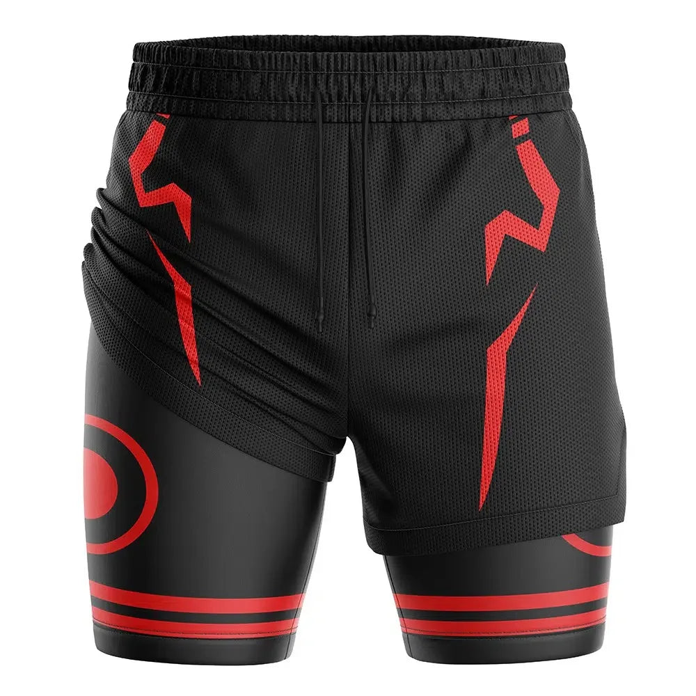 Black mesh shorts with red graphic marks, elastic waistband and drawstring