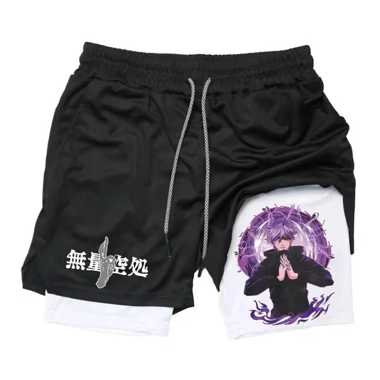 Black drawstring shorts with white lining, Jujutsu graphic print on left and right