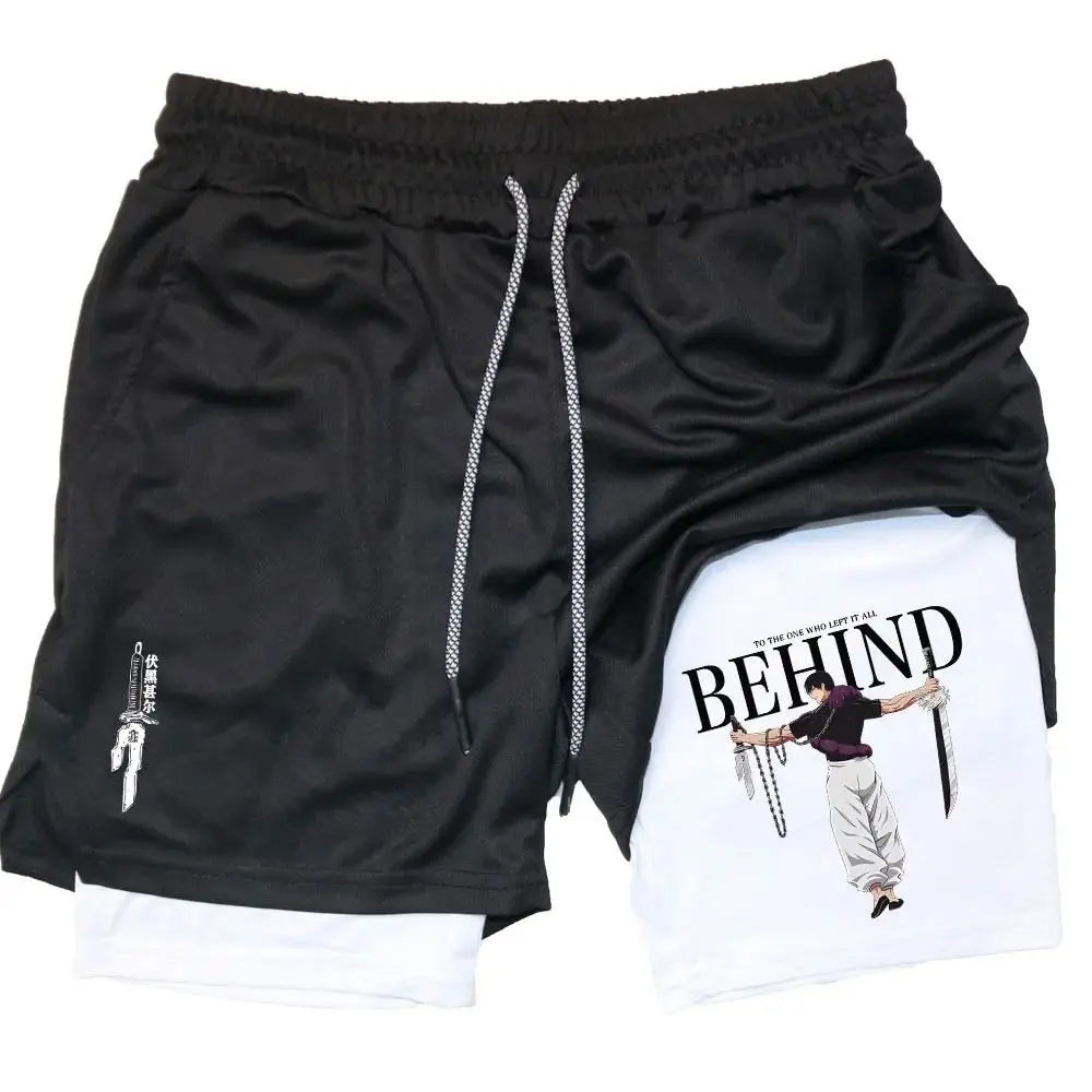 Black drawstring shorts with front graphic patch and white back panel