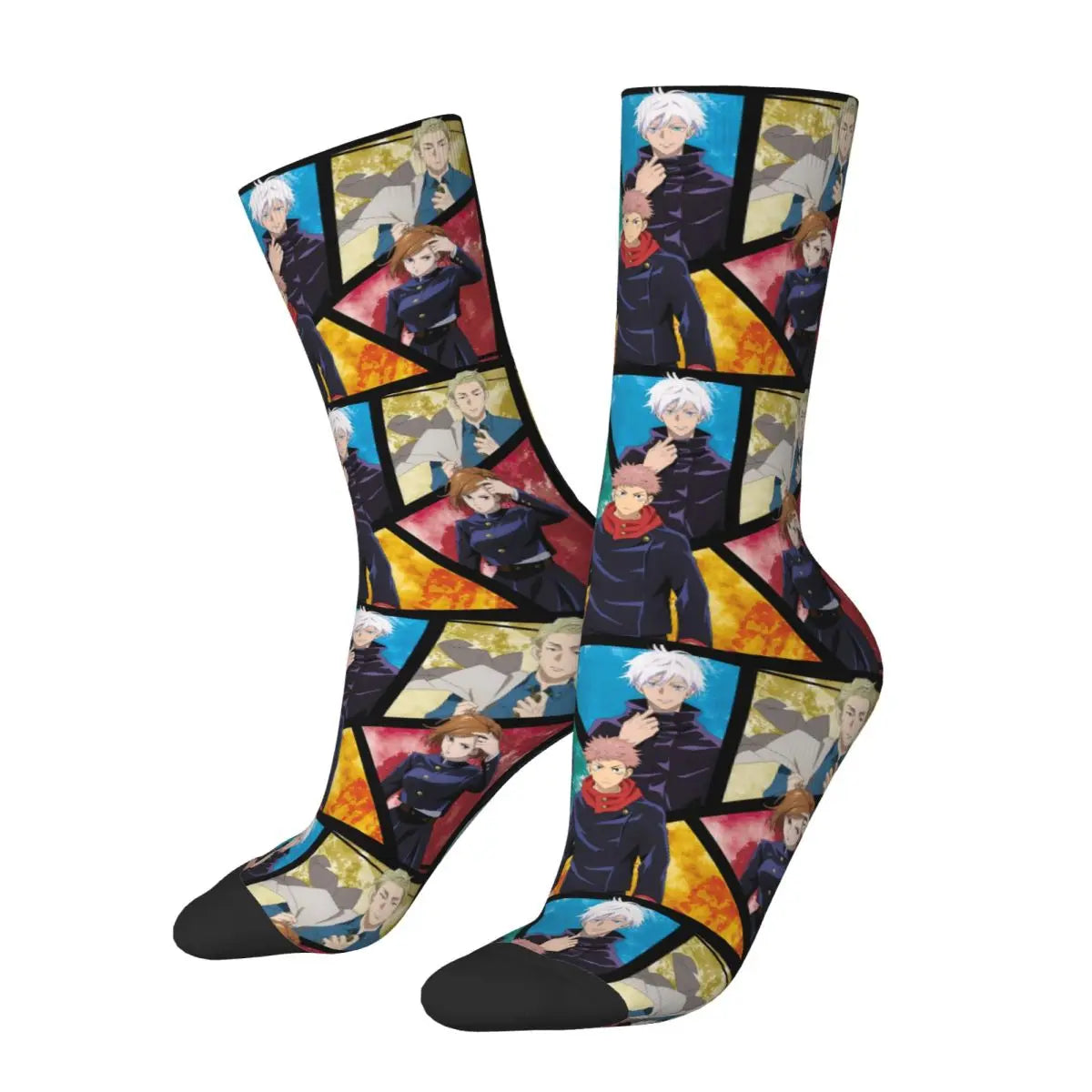 Crew socks with multicolor anime collage print and dark toe