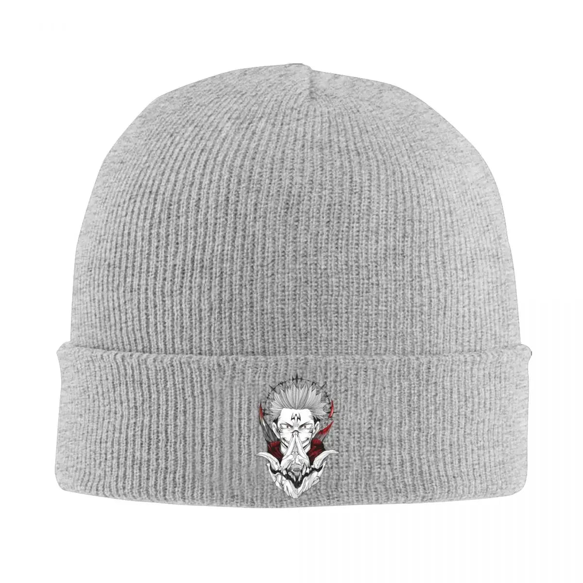 Bonnet en maille gris clair à revers, écusson manga Fléau Ryomen Sukuna