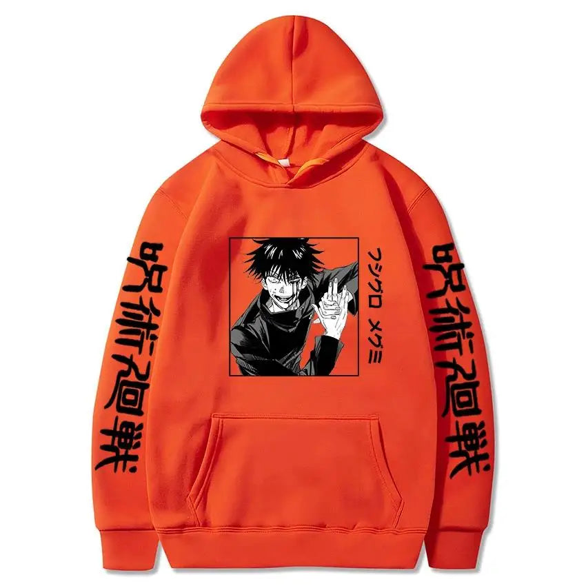 Hoodie orange à capuche avec imprimé Megumi Fushiguro sur le devant