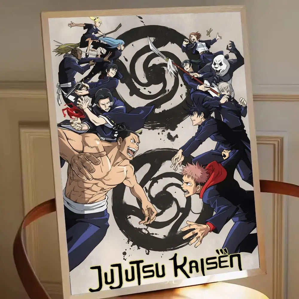 Affiche Jujutsu Kaisen noire avec personnages et emblème tourbillon, texte Jujutsu Kaisen.