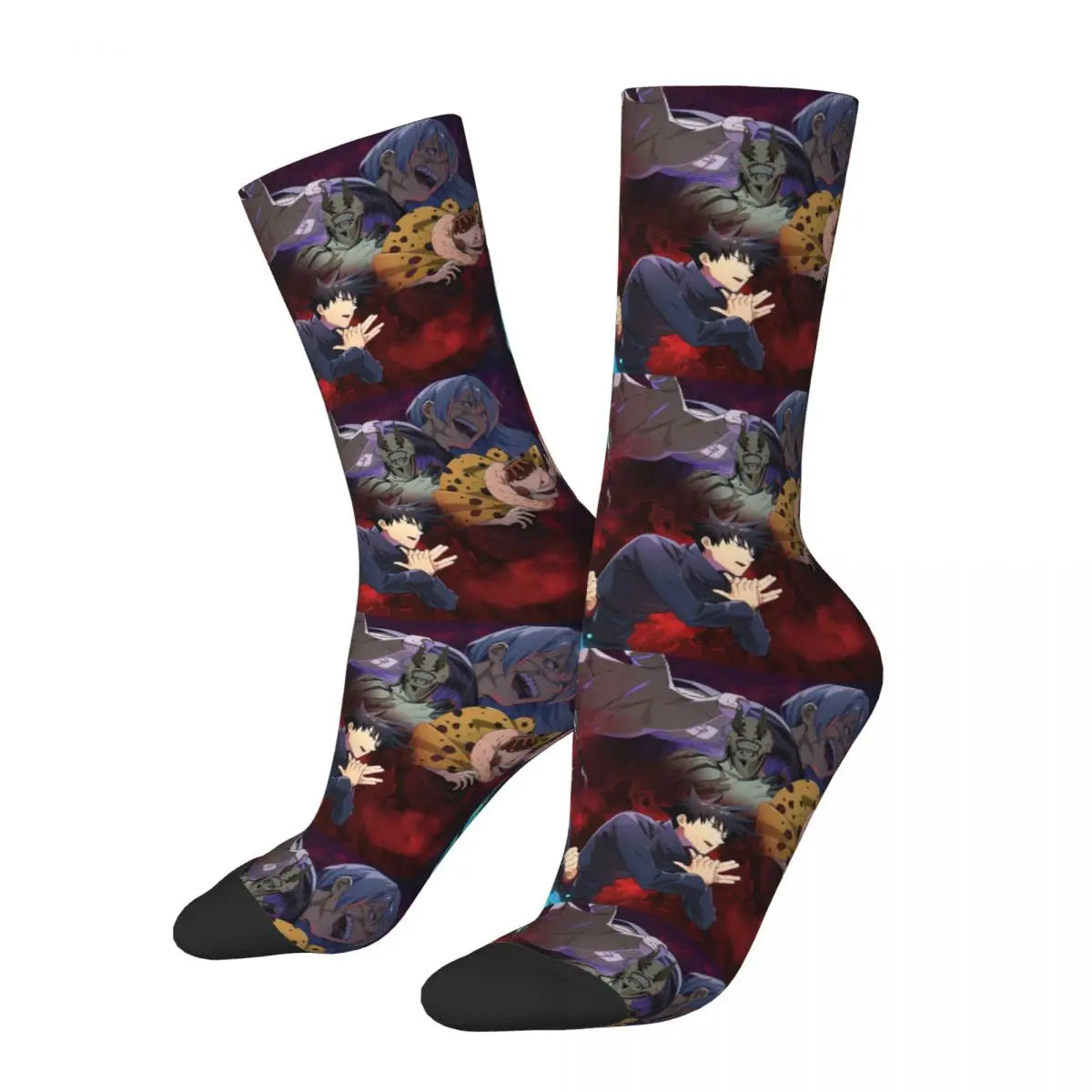 Dark red crew socks with anime character action print and black toes