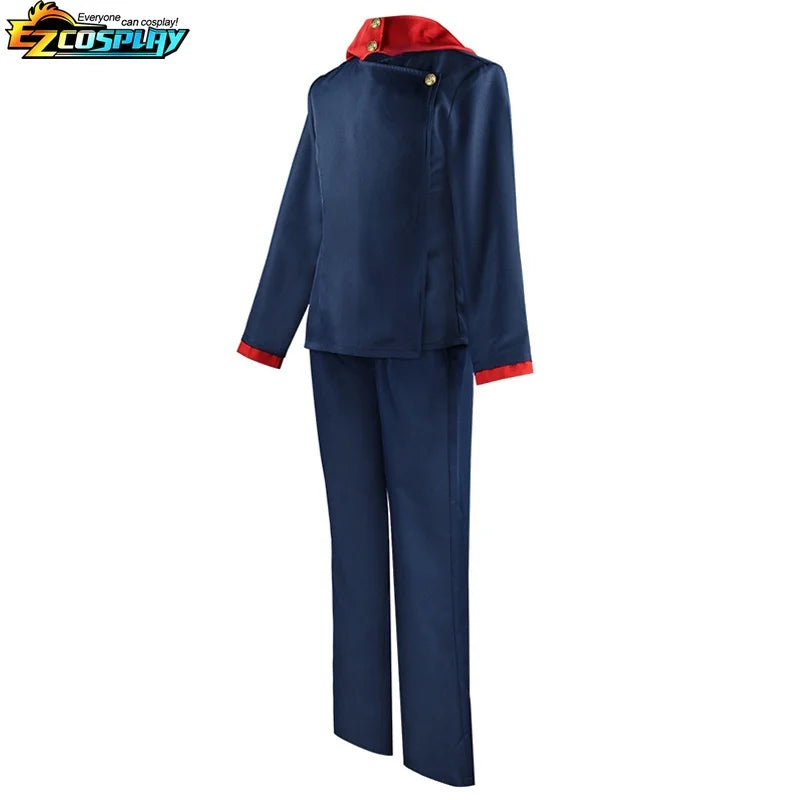 Ensemble costume cosplay homme: veste bleu marine à capuche rouge, vue arrière