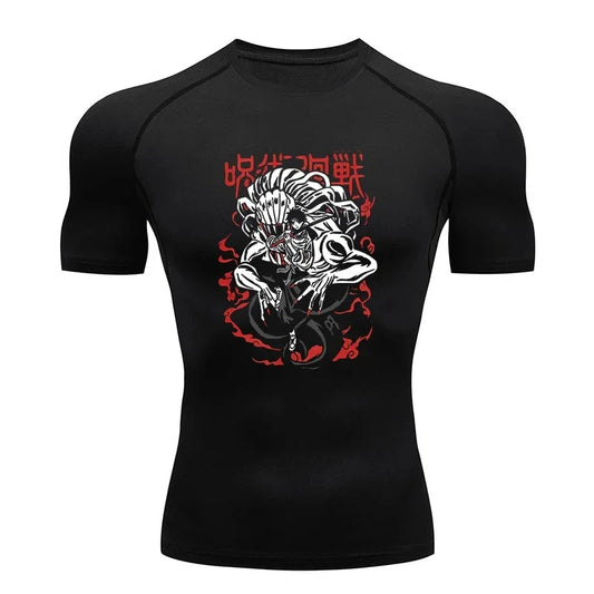 Black compression T-shirt with short sleeves and bold white-and-red character graphic