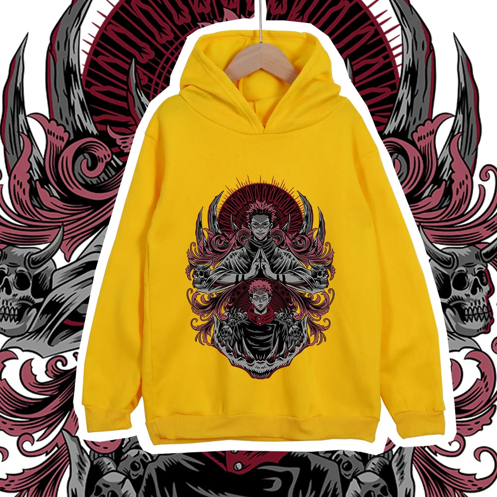 Hoodie jaune à capuche, motif Jujutsu Kaisen rouge/noir au centre