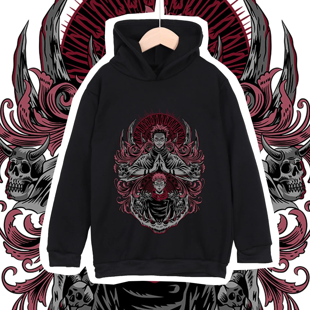 Hoodie noir à capuche, grand motif Jujutsu Kaisen rouge/noir au centre