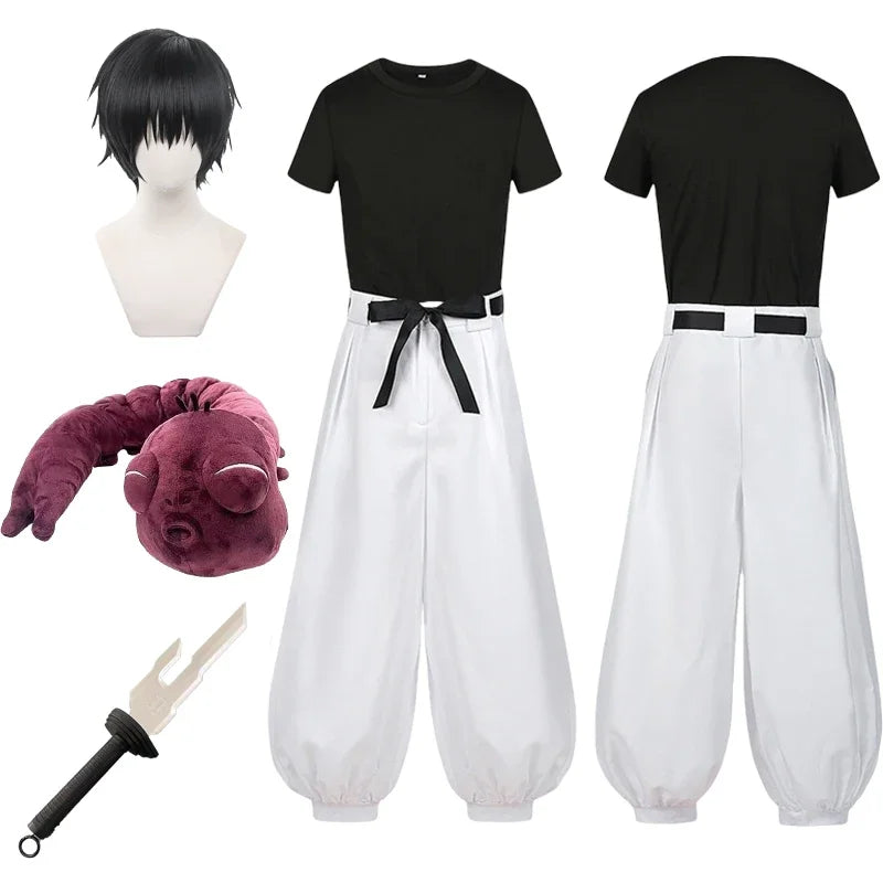 Ensemble costume: t-shirt noir, pantalon blanc ample, ceinture noire avec nœud.