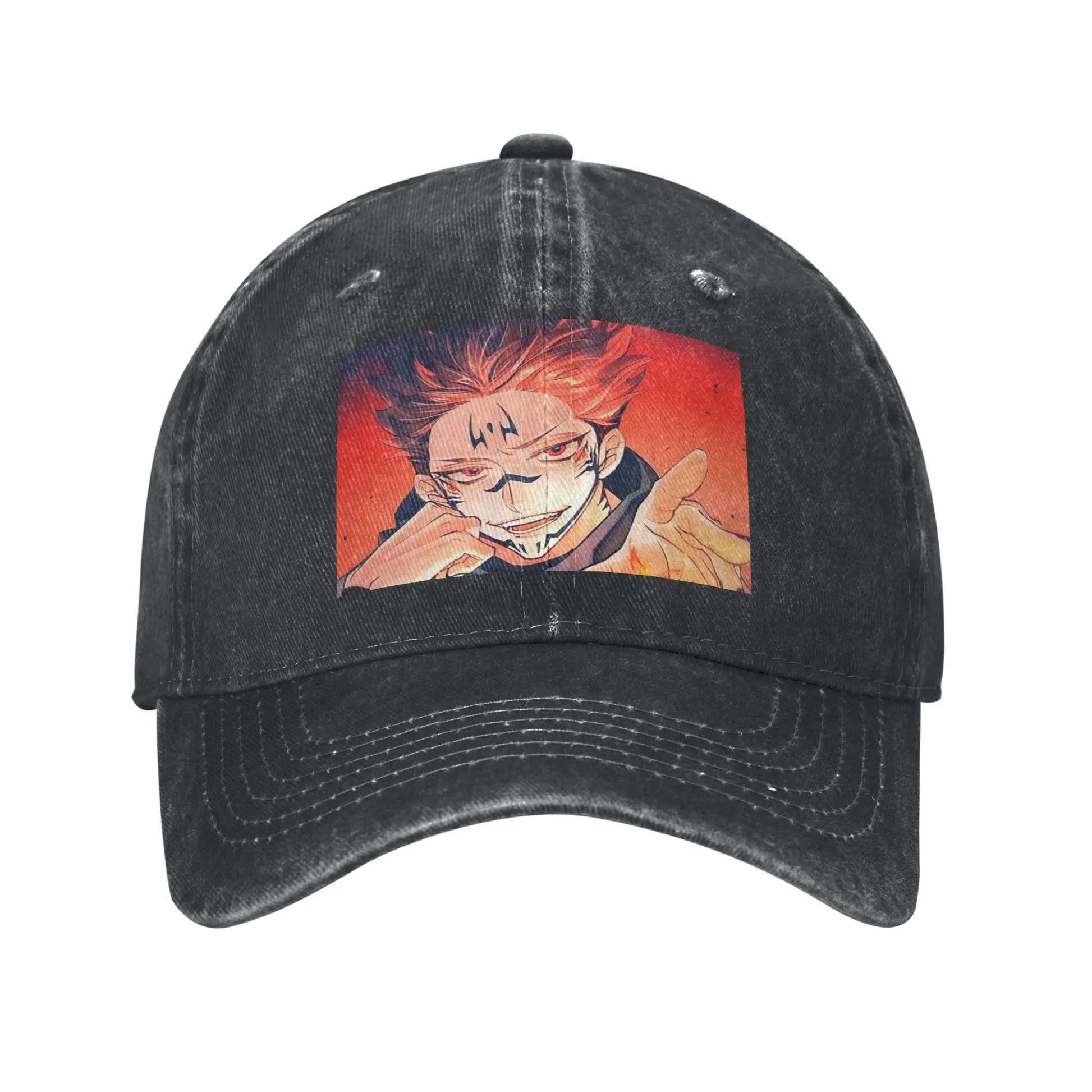Casquette gris foncé avec patch illustré de Sukuna souriant, rouge et orange