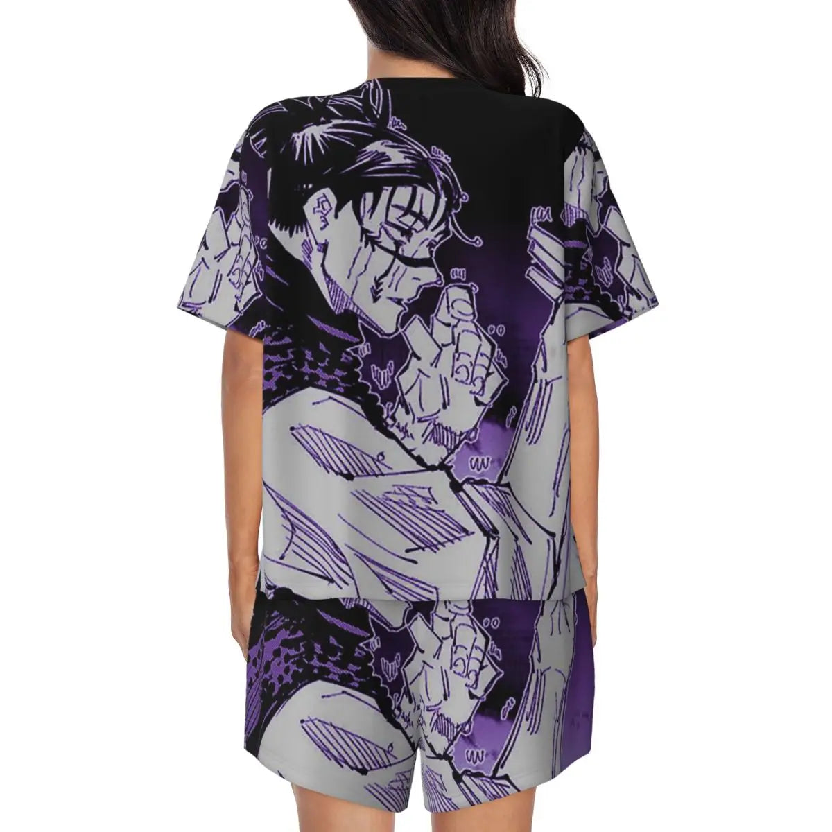 Pyjama fille noir à manches courtes, imprimé violet, vue dos avec short assorti