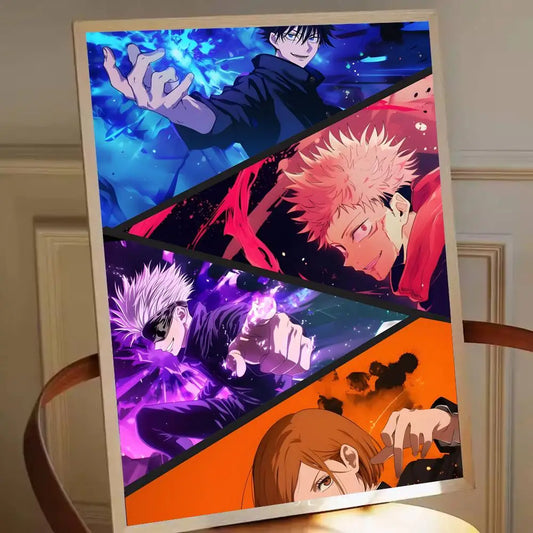 Affiche Jujutsu Kaisen en quadrants, personnages et couleurs vives