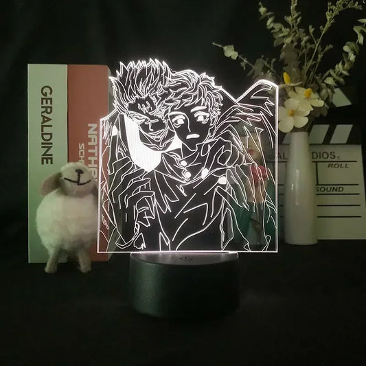 Lampe LED Yuji & Sukuna sur plaque acrylique, base ronde sombre