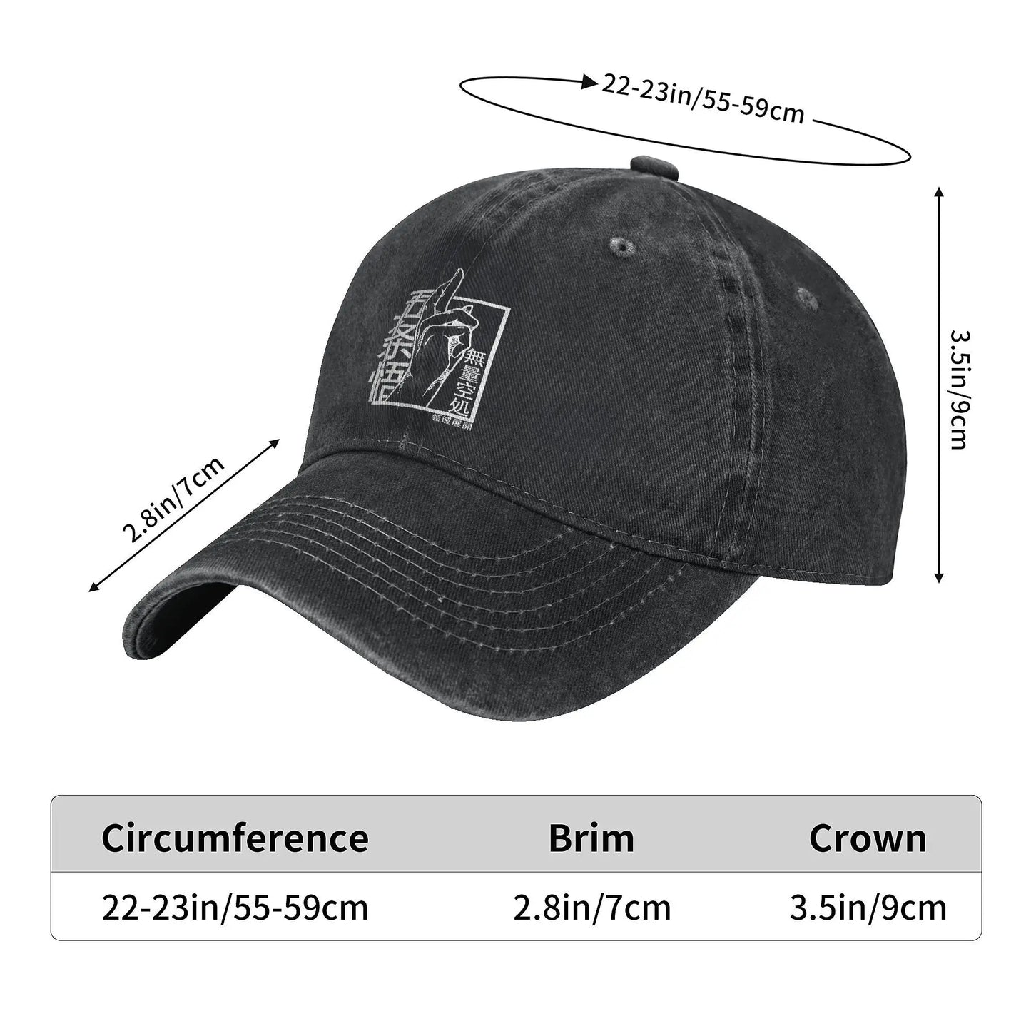 Guide de tailles: casquette noire, tour 55–59 cm, visière 7 cm, couronne 9 cm