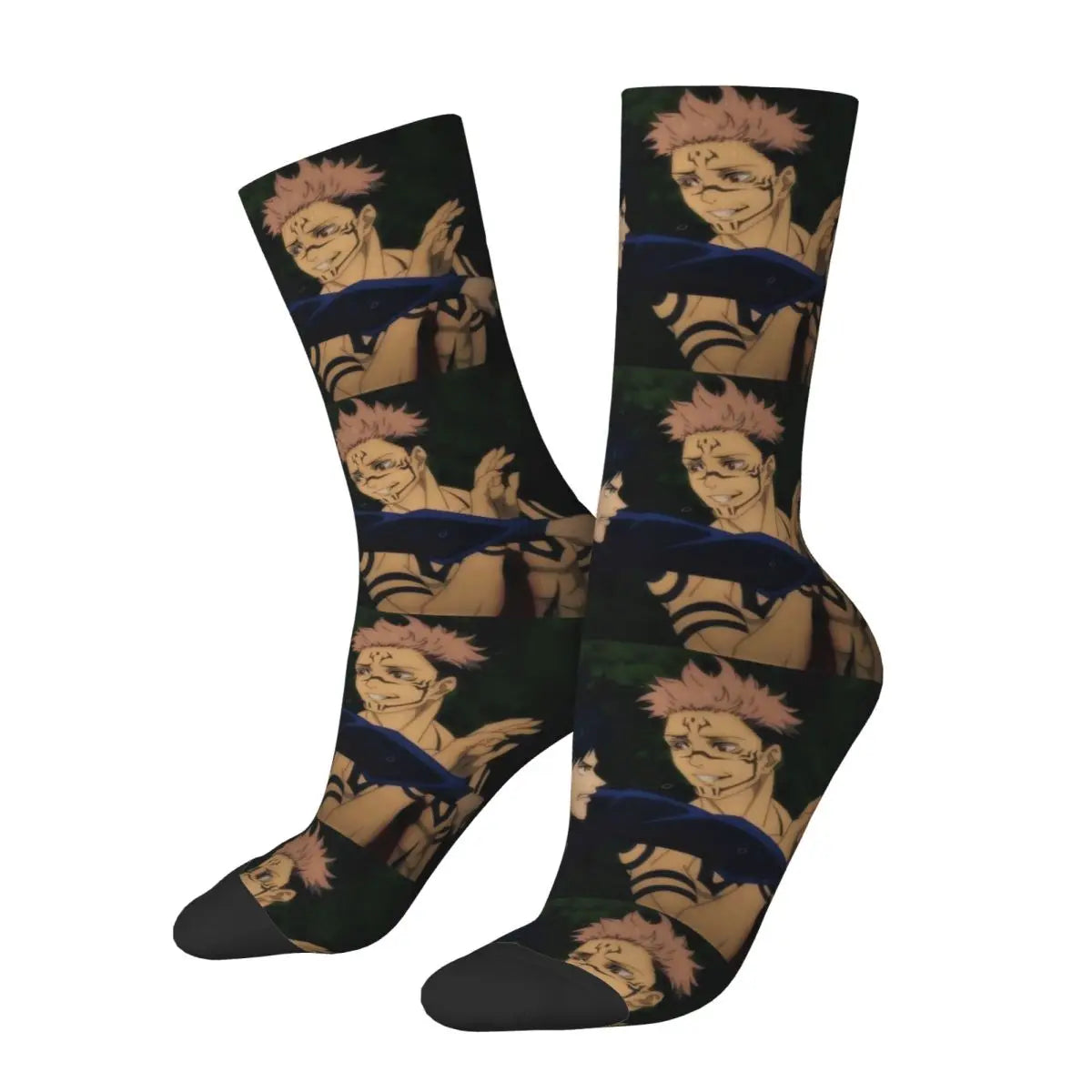 Black crew socks with blond anime character portrait print and striped accents